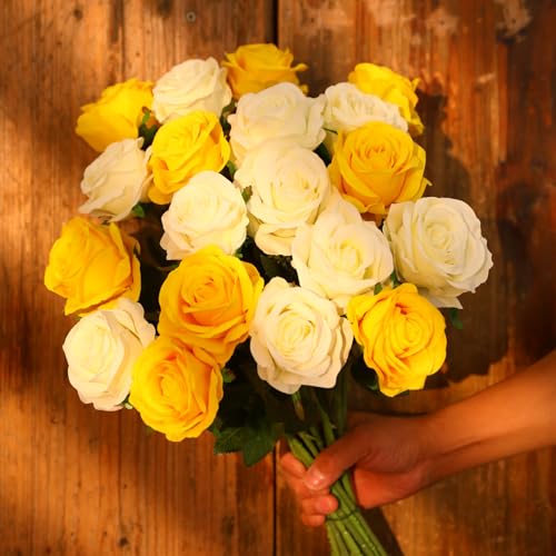 JUSTOYOU 20 PCS Rose Artificial Flower,Double Colour Silk Blooming Rose with Stem,Artificial Rose Bouquet Realistic Flower for Home Table Office Party Wedding Garden Arrangements(yellow and white) - Image 2