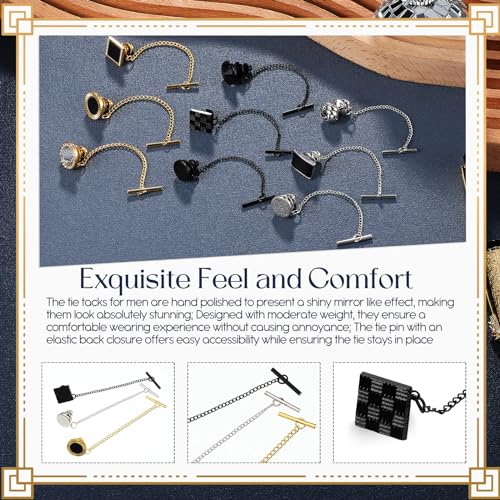 Misdary 9 Pcs Tie Tacks for Men Tie Pin with Chain Black Silver Gold Tack Clutch for Wedding Birthday Business Anniversary3