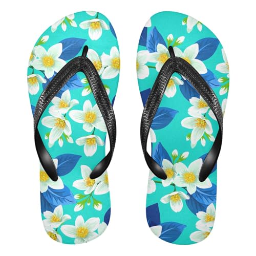Jasmine Flower Blue Flip Flops for Beach Thong Sandals Anti-slip Lightweight Flat Slippers for Summer Travel Swim