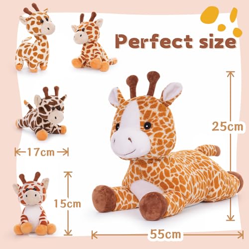 MorisMos 55cm lang riesen Giraffe Kuscheltier groß, Giraffe Stofftier XXL mit 4 Plüschbaby im Bauch, liegend Plüsch Hirsch Rehteddy,Geschenk Kinder Mädchen Jungen