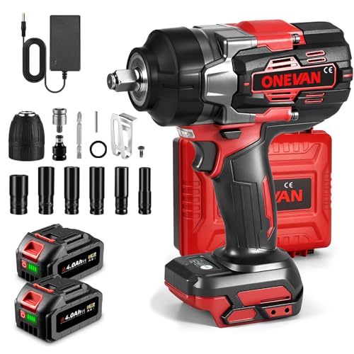 ONEVAN pistola de impacto bateria 1700N.m, 1/2' llave de impacto electrica con 2 baterías de 4000mAh y cargador rápido, sin escobillas (Rojo, Incluye 2 baterías y accesorios)