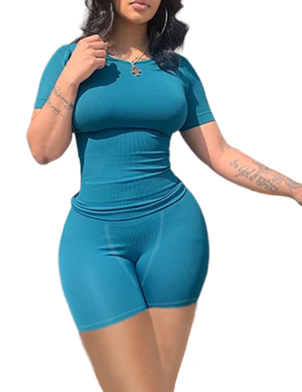 vyolu Lounge Wear Ribbed Casual 2 Piece Tracksuit Set Women Solid Skinny Short Sleeve O-Neck Top+Mid Waist Elastic Leggings