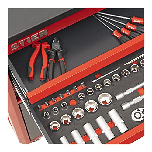 STIER Werkstatt- und Schrankwagen mit 3 Schubladen, bestückt 92-teilig, Werkzeuge in Weichschaumeinlage (EVA), Tragkraft 200kg – Bild 7