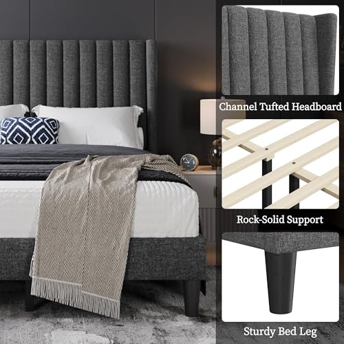 Image of Yaheetech Full Bed Frame with Headboard, Dark Gray Channel-Tufted Platform