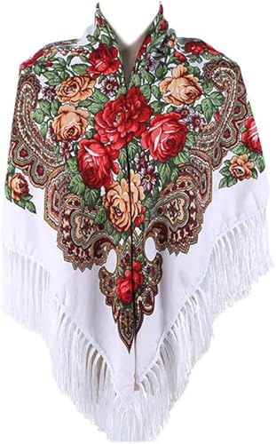 Women Russian Style Peony Floral Printed Long Tassel Large Square Scarf Warm Big Size Rectangular Cotton Wrap Traditional Ethnic Style Mexican Shawl Travel Sun Protection Cheongsam Cover-up Cloak
