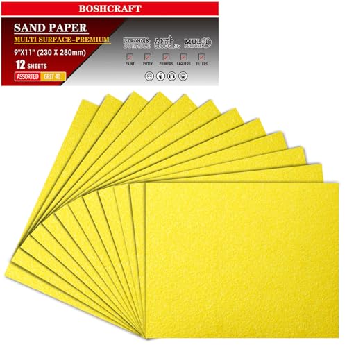BOSHCRAFT 40 Grit Sand Paper 9 x 11 12 Sheets Premium Aluminum Oxide Sandpaper for Wood Metal Furniture Cut-to-Size Sheets for Hand Sander & Sanding Block