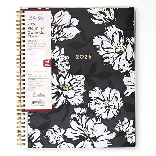 Blue Sky 2026 Weekly and Monthly Planner Calendar, January 2026 - December 2026, 8.5' x 11', Clear Pocket Cover, Laminated Tabs, Durable Twin Wire Binding, Storage Pocket, Baccara Dark