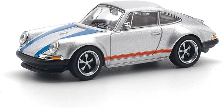 Diecast Collectibles Model Car Compatible with Pop Race 164 Porsche Singer 964 Silver Metallic with Blue and Red Stripes Limited Edition PR640188