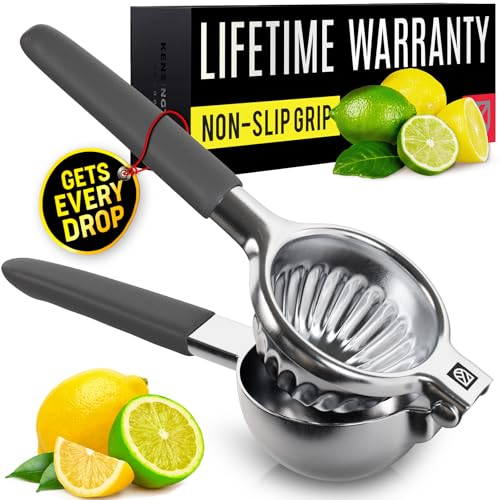 Lemon Squeezer Stainless Steel Press - Ergonomic, Manual Non-Slip Grip Design - Effortless Pro-Grade Lemon, Lime, Orange, and Citrus Fruit Hand Held Juicer - Fewer Seeds, More Juice