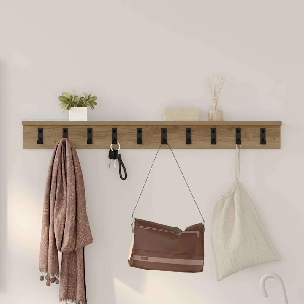 Wandgarderobe Artisan-Eiche 100 x 10,5 x 10,5 cm, Wand-Kleiderständer mit Haken und Ablage aus Holzwerkstoff, Moderne Garderobenleiste für Flur und Diele, Platzsparende Wandmontage