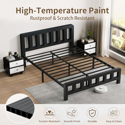 Image of Queen Size Metal Platform Bed Frame with Movable USB Charging Ports | 2000 Lbs Heavy Duty Noise-Free Steel Slats, 10 inch Under Bed Storage, Thickened Vertical Slatted Headboard, for Teens Dorm Adult
