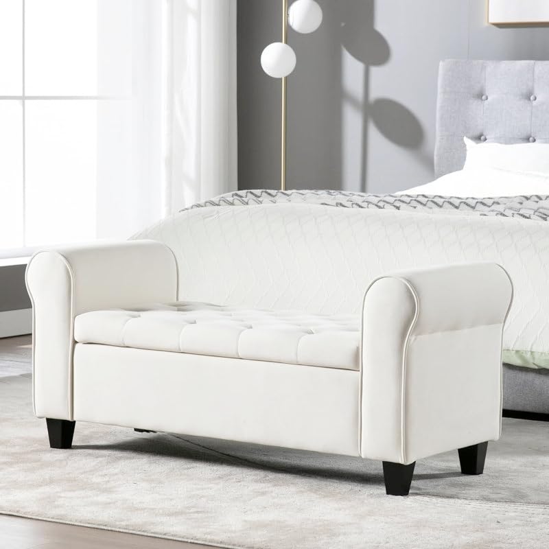 FOREMOST SOFA Button-Tufted Storage Ottoman, Fabric Upholstered Bench with Armrests Couch,Sofa Bench,pouffe Puffy for Bedroom, Entryway, Living Room, (Off White)-image-30