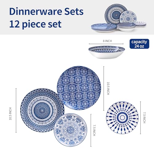 Image of Bestone Ceramic 12-Pieces Dinnerware Sets, Ceramic Dish Plates and Bowls Sets, Dishes Set for 4, Dinner Salad Dessert Plates, and Cereal Bowls Set, Gift,Vintage Blue
