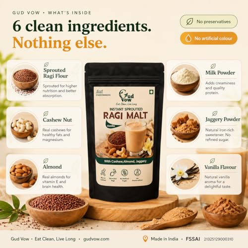Image of GudVow Instant Sprouted Ragi Malt | Nutritious & Delicious Instant Drink Mix | Natural, No Preservatives | High Calcium & Iron | Ready in 2 Minutes, No Added Sugar | Healthy Millet Drink | 900 g (450 g x 2 Packs)