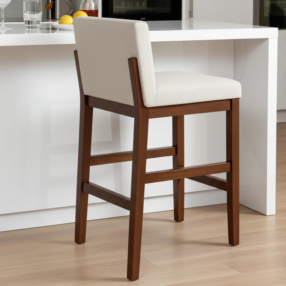 Walnut Barstool with Beige Polyester Seat | Walnut Finish, 87cm Seat Height, Padded Backrest, Modern Minimalist, Kitchen Island Use-image-34