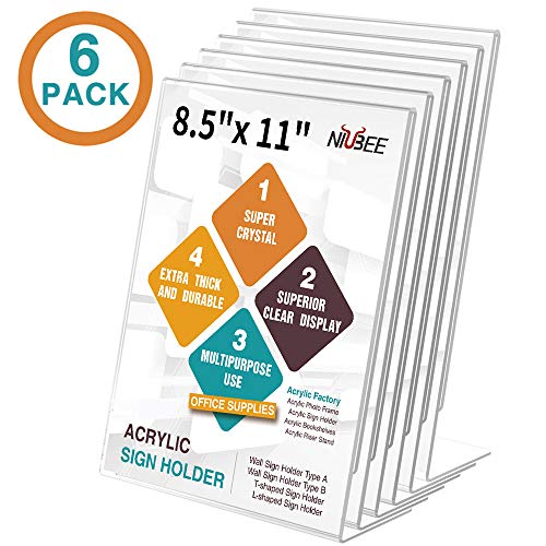 NIUBEE 6Pack 8.5x11 Acrylic Sign Holder with Vertical Slant Back, Clear Plexiglass Sign