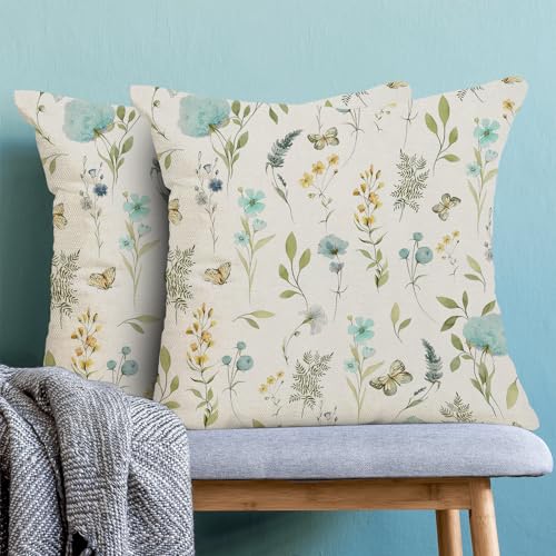 Image of Spring Pillow Covers 18x18 Inch Set of 2, Aqua Teal Sage Green Wild Flower Throw Pillows Case,Colorful Seasonal Floral Plant Outdoor Decorative Farmhouse Decor Cushion Covers for Sofa Bed Couch