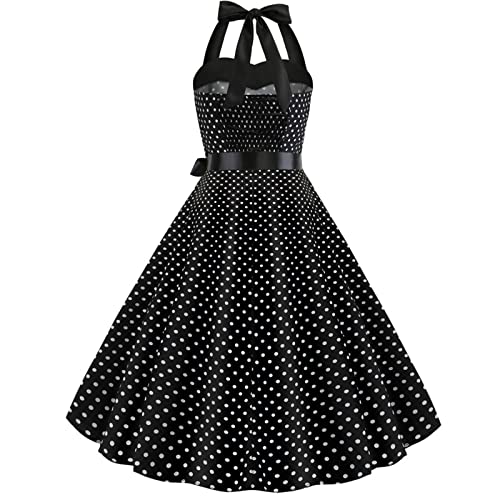 Image of Women Vintage Polka Dot 1950s Rockabilly Halter Audrey Dress Retro Floral Evening Cocktail Swing Dress