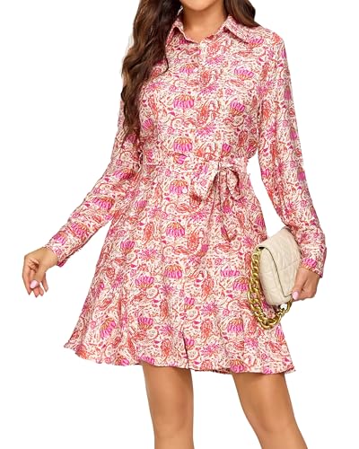 Image of Women's Long Sleeve Button Up Midi Belt Shift Collar Dress with Pockets for Work Office Business