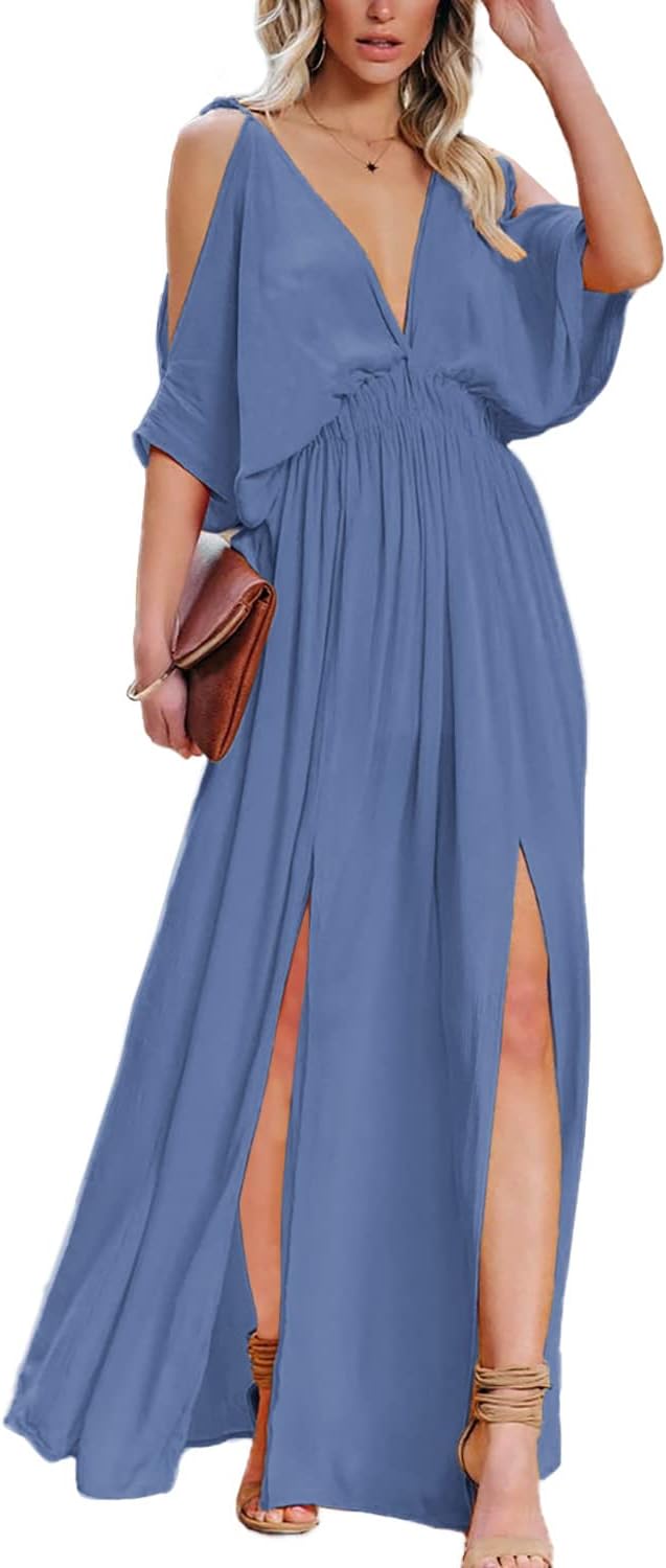 DEEP SELFWomen Summer V Neck Cold Shoulder Short Sleeve Maxi Dress High Waist Split Wedding Guest Long Dress
