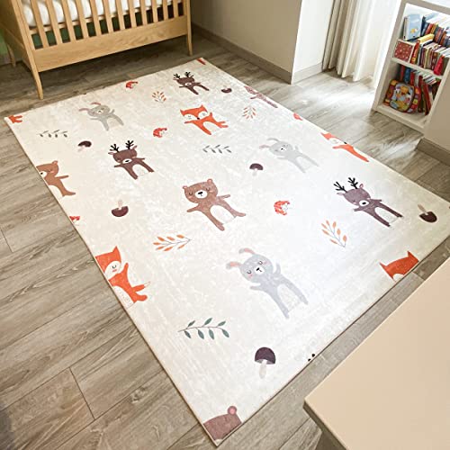 Nazar Tapis Chambre Enfant, Tapis Bébé, Tapis Enfant pour Fille et garçon à Motifs Dinosaure, Carte du Monde et Animaux (744 crème, 120x160 cm)