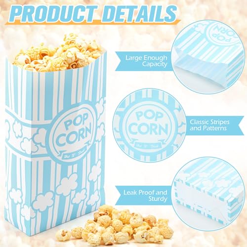 Image of 200 Pcs Paper Popcorn Bags Bulk 2 oz Large Flat Bottom Boxes Red and White Disposable Container Sleeve Movie Night Popcorn Bucket for Retro Movie Themed Party Carnival Supplies (Light Blue and White)