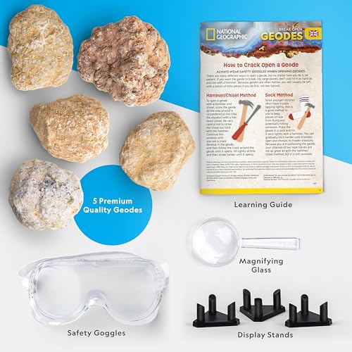 Image of National Geographic Break Open 5 Jumbo Geodes - Earth Science Kit with 5 Premium, Extra-Large Geodes with Crystals, Goggles & Display Stands, Science Gifts, Fun Stuff for Kids (Amazon Exclusive)