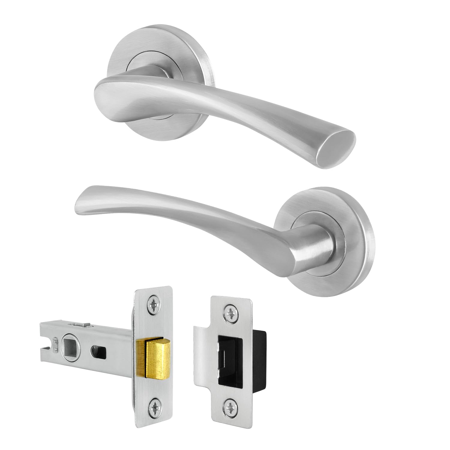 EAI Satin Door Handle Latch Set, 1 Pair of Internal Lever on Rose Satin Nickel Door Handles & Latch (64mm) - Novoli