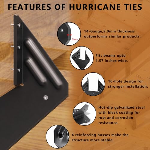 Image of 50pcs 14-Gauge Hurricane Ties for Rafter, Black Hurricane Straps Brackets | Hot Dip Galvanized Black Joist Hangers Fit 2x4 2x6 Truss, Hurricane Clips for Roofing Wood Timber with Gloves