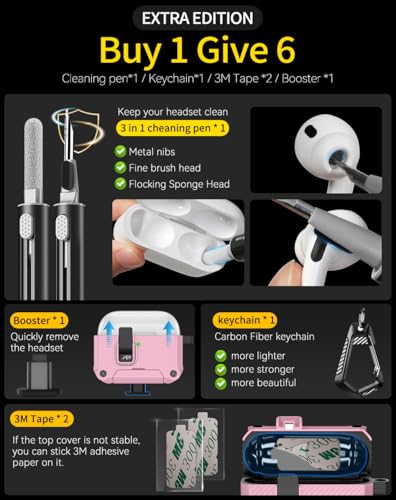 Image of Pohgelan for AirPods Pro 3 Case with Safety Lock-Pink | Carbon Fiber Texture Cover,Magnetic Automatic Lock with Cleaning Kit&Keychain,Compatible with Magsafe