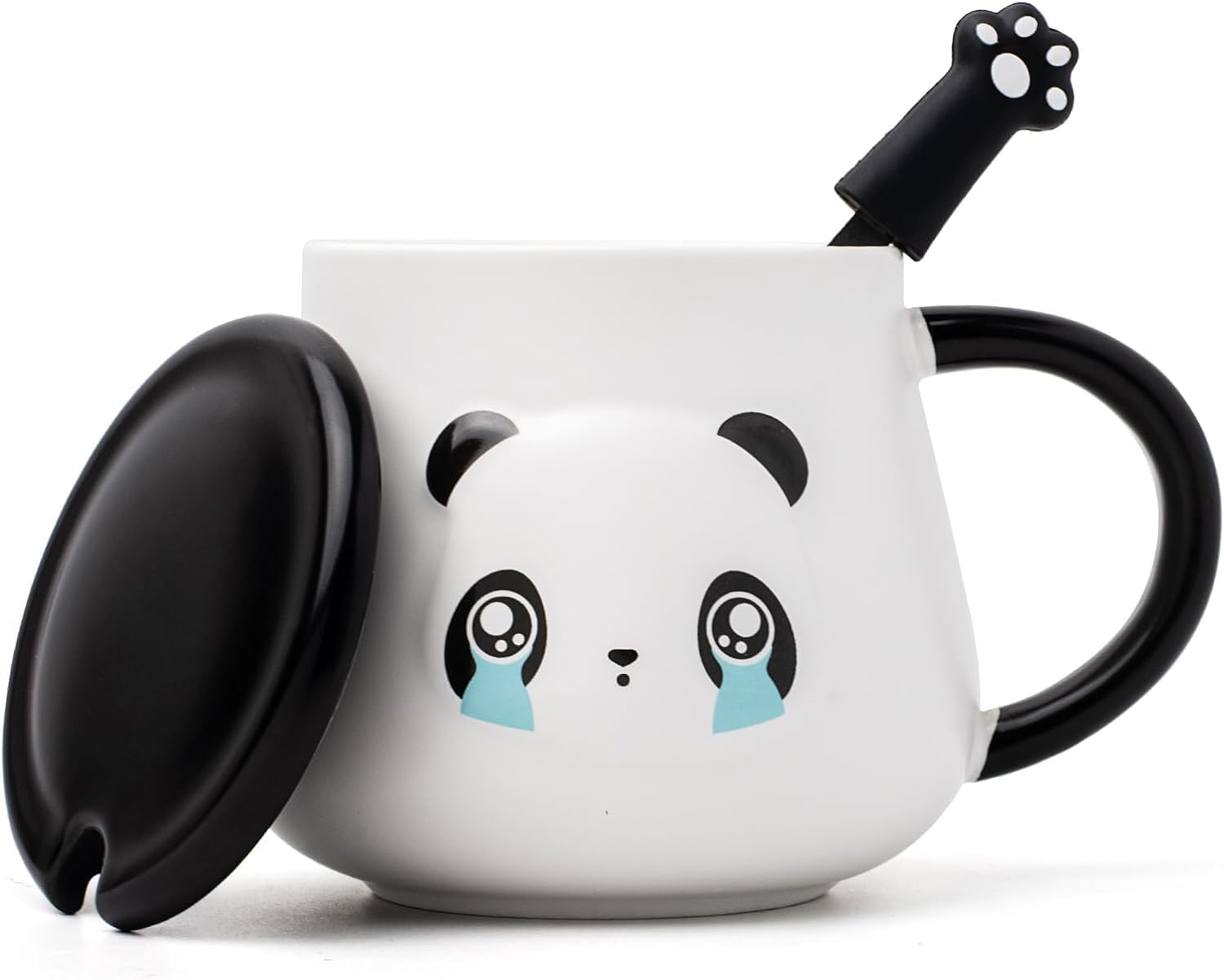 YHRY Funny Panda Mug, Panda Coffe Mugs with Lid & Spoon, Cute Panda Ceramic Coffee Mug, 15oz Kawaii Panda Cup Gifts for Girls Women Men Kids (B)