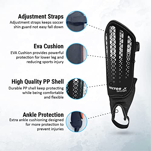 Image of Vector X Samba Shinguard with Ankle Adjustable | Training and Practice | for Girls and Boys | (Senior, Black-White)