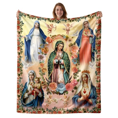 DOINBEE Virgin Mary Blanket Red Rose Patterned Throw Blanket for Women Girls, Warm Plush...