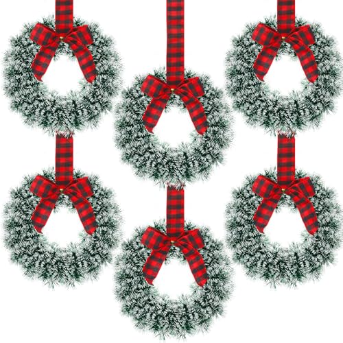 Capoda 6 Pcs Christmas Wreaths with Bow 10.24 Inch Buffalo Plaid Tinsel Wreaths Crafts for Front Door Outdoor Kitchen Cabinet Home Window Wall Xmas Hanging Decorations(Red and Black)