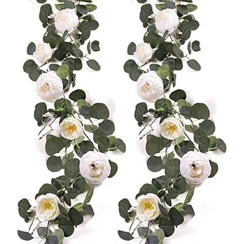 JUSTOYOU 2pcs Artificial Eucalyptus Garland with Flower, 8 Head Peony Flowers Vines, Green Floral Garland Flowers Decoration for Wedding Arch, Wall Backdrop, Wedding Table, Party (White, 2Pack) Cover