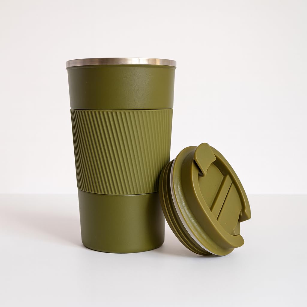 YELONA Dark Green 510 ML Insulated Stainless Steel Coffee Tea Tumbler for Hot Cold Beverages Portable Travel Mug Leak Proof Sipper Lock Lid Thermos Multipurpose for Home Office Gifts