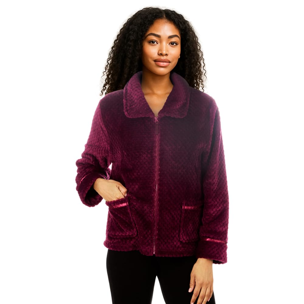 Nikaro Women's Waffle Fleece Bed Jacket Soft Zip-Up Housecoat - Cosy Loungewear for Winter (Burgundy) 18-20