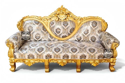 Image of Royal Carved Sofa Set | 3+1+1 Seater + Center Table Without Mirror| Antique with Floral Upholstery | Victorian Style Living Room Furniture Sofa Set Luxury Gold Finish 4-Piece