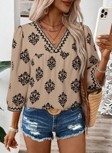 SHEWIN Women's Casual V Neck Floral Print Chiffon Blouses 3/4 Sleeve Boho Summer Tops Shirts4