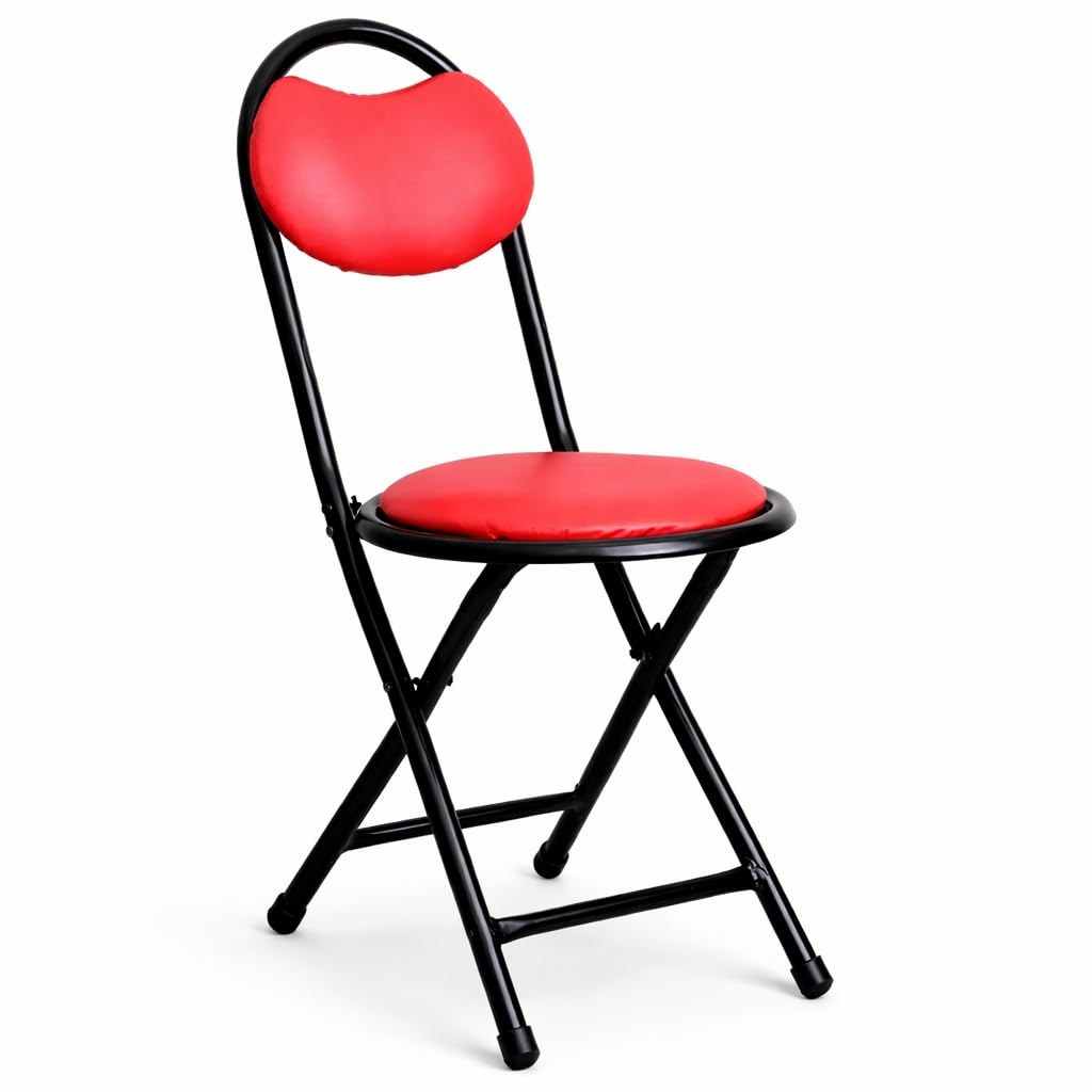 Foldable Cushioned Chair with Backrest | Strong Metal Frame | Soft Padded Seat | Space Saving Folding Chair for Home, Office & Study (Red & Black)