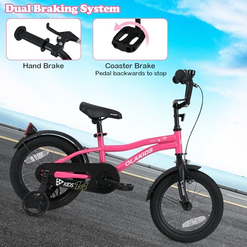 Image of Olakids Kids Bike, 12 14 16 18 Inch Toddlers Bike with Training Wheels Safety Bell Adjustable Seat and Handlebar, Handbrake and Coaster Brake, Children's Bicycle for Boys Girls