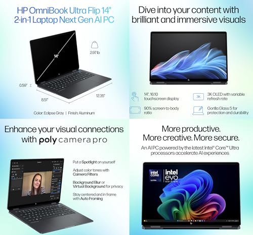 Image of HP Omnibook Ultra Flip Creator 2-in-1 Laptop 14.0 inch Touchscreen OLED 2.8K Display (Intel Ultra 7-258V, 32GB LPDDR5X, 1TB PCIe SSD, Backlit KB, Active Pen, Fingerprint, Win 11 Pro) w /Dockztorm Hub