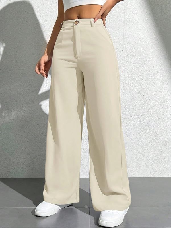 Image of Women's High Waisted Wide Leg Pants Trousers | Loose Fit Stretch Cotton Blend Slacks | Casual Elegant Style (TR002CRM S) Cream