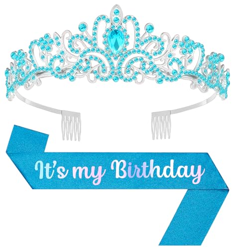 Birthday Tiara and Crown with Sash, Birthday Tiara for Women Party (Blue)
