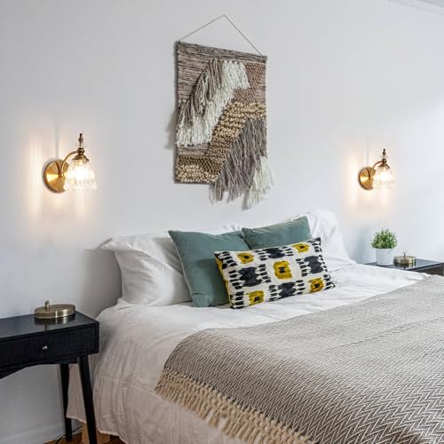Image of Brushed Antigue Brass Wall Sconces Set of Two, Hardwired Bathroom Vanity Light Fixtures, Vintage Sconces Wall Deco Set of 2, Glass Wall Lights for Bathroom, Bedroom,Hallway (Excludes G9 Bulb)