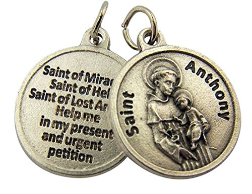 Religious Gifts Silver Toned Base Saint Anthony Medal with Prayer Protection Pendant 3/4 Inch
