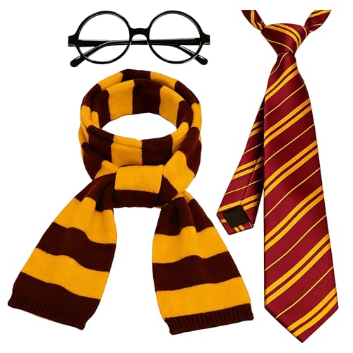 HCMY Wizard Glasses Red Tie Knit Striped Scarf Halloween Cosplay Part Set Magic Movie Costume Accessories Black Round Frame No Lenses Themed Party Dress Up Favors