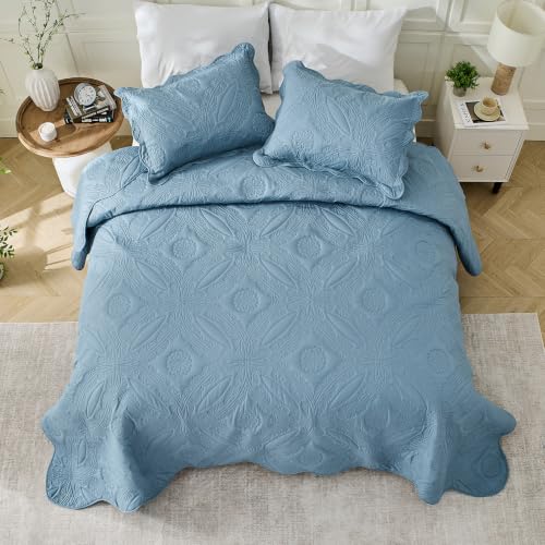 Image of Kingnex Oversized King Bedspreads 128x120 for Extra Wide Tall King or Cal King Bed Ultrasonic Quilted Coverlet Set 3 Piece Include 1 Quilt 2 Pillowcases Dusty Blue