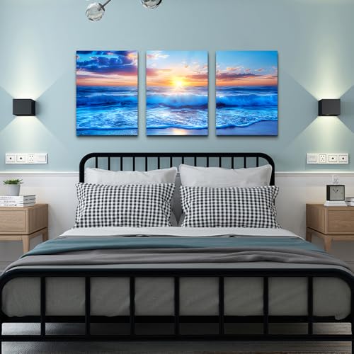 DZRWUBHS Ocean Wall Art For Living Room Canvas Wall Decor For Bedroom Office Decorations Blue Beach Sea Wave Paintings Sunrise Seascape Wall Pictures Canvas Artwork Home Decor Ready To Hang 3 Piece