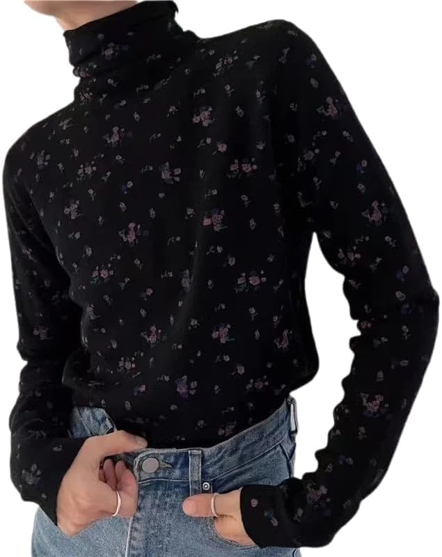 Chvity Women's Retro Floral Turtleneck Top Ultra-Soft Stretch Slim Blouse for Fall Winter, Vintage Long Sleeve Tee